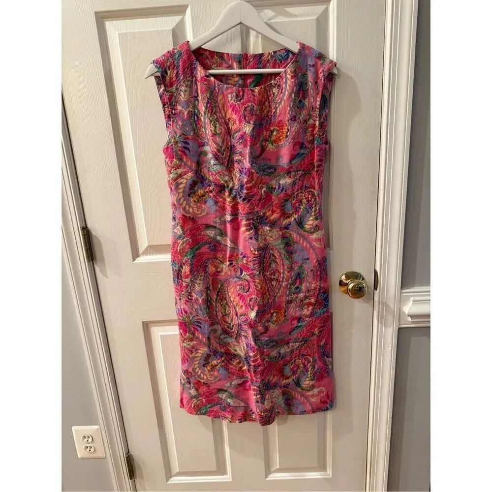 Nora Elias Couture Pink Paisley Midi Sheath Dress sz M